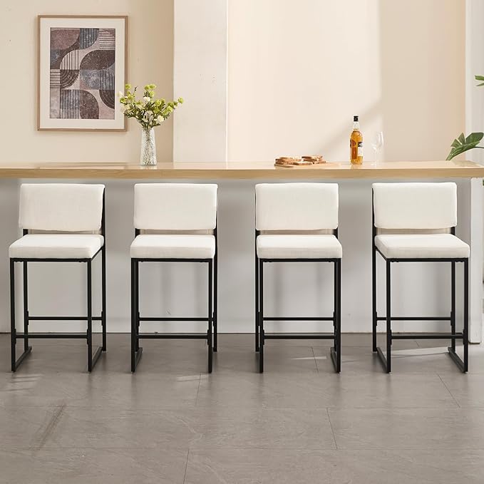 Modern Barstools Set of 4, 26” Upholstered Counter Height Bar Stools Linen Fabric Counter Stools with Padded Back Metal Frame for Kitchen Island Dining Room, Beige