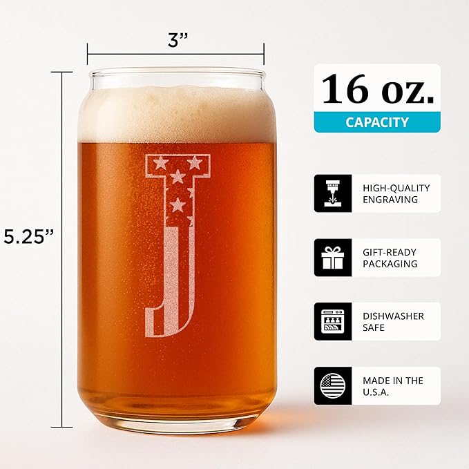 Monogram Beer Glasses for Men (A-Z) 16 oz - Engraved Beer Gifts for Men Brother Son Dad Neighbor - Unique Christmas Gifts for Him - Personalized Drinking Gift Beer Glass Mugs (J)