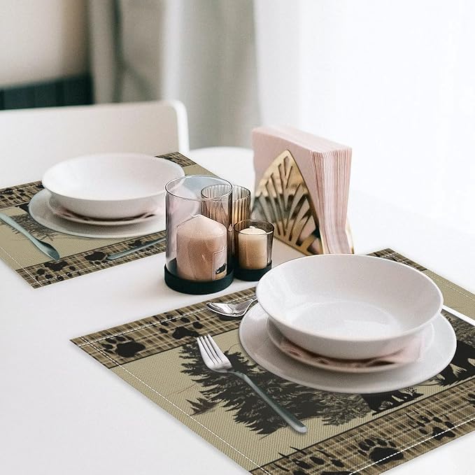Retro Farmhouse Placemat Set, Rustic Brown Tartan Check Wildlife Bear Paw Silhouette Sketch Pine Tree Forest Pattern Home Decoration Linen Table Mats for Dining Room Kitchen Party (17x12in) x6P