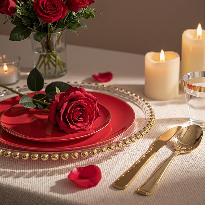 WDF 300Pcs Red Disposable Plates - Red Plastic Plates - 50guest Disposable Dinnerware Include 50 Dinner Plate, 50 Dessert Plate, 150 Cutlery & 50 9oz Cups for Valentine's Day & Parties