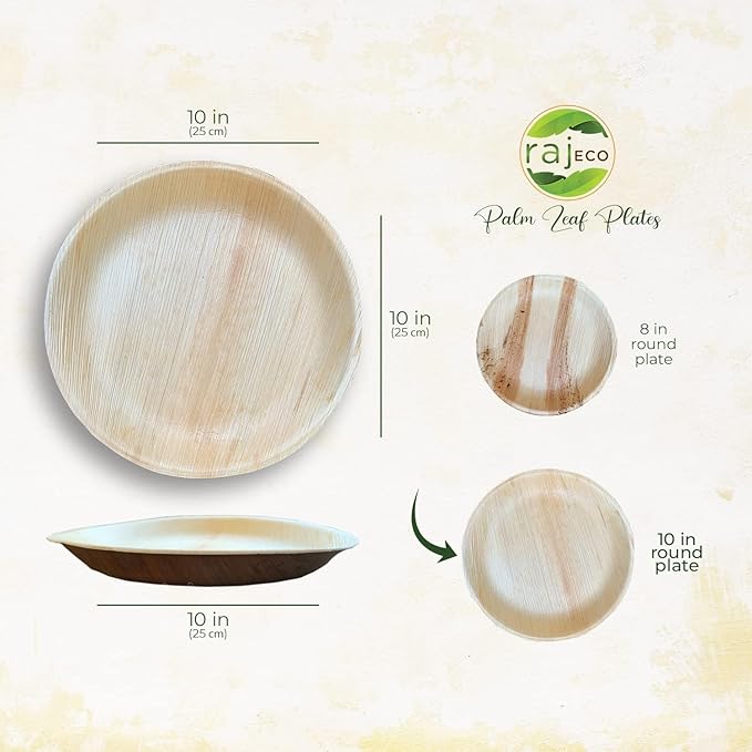 Raj Palm Leaf Plates [50-Pack] 10" Round Plates (2 CASES - 100 PACK) like Bamboo plates Disposable, Strong, Decorative Compostable Tableware for weddings, Lunch, Birthday, Camping, Outdoor