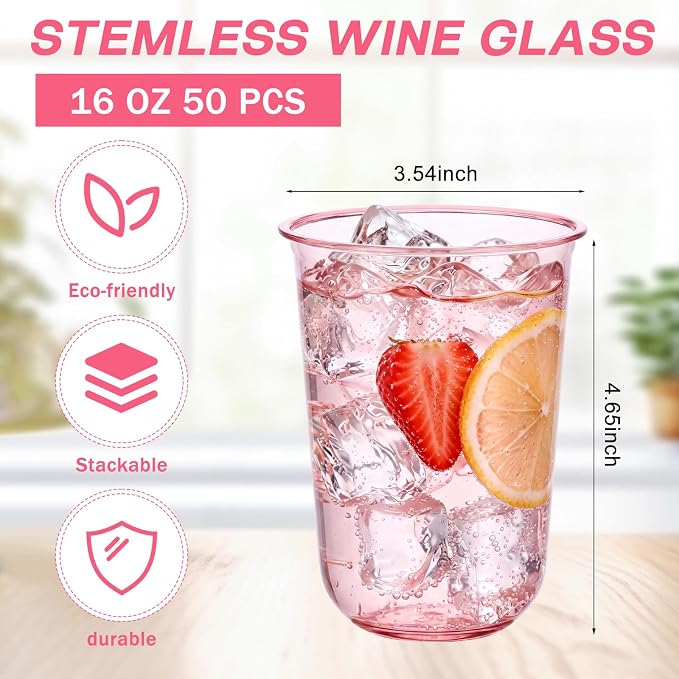 Ziliny 50 Pcs Disposable Stemless Glasses 16oz Crystal Plastic Wine Glasses - Image 3