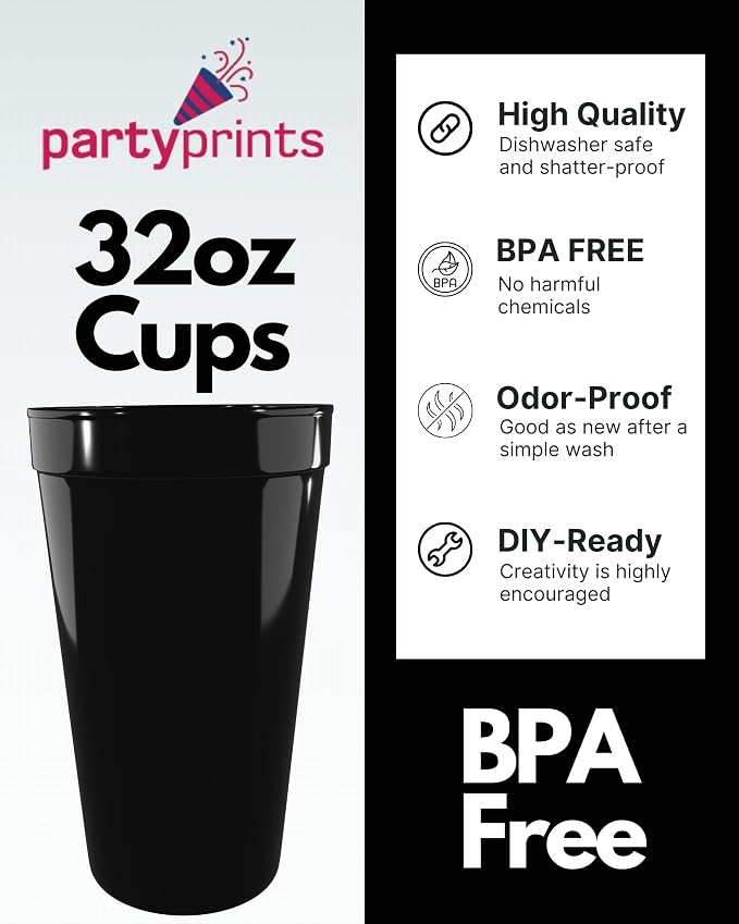 PartyPrints 100 Pack 32 oz Black Reusable Blank Plastic Cups, Colored Plastic - Image 2