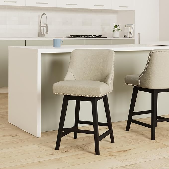 CHITA Counter Height Swivel Bar Stools, FSC Certified Upholstered Counter Stools, Modern Swivel Barstools with Wood Legs for Kitchen Island, 26" Seat Height, Fabric in Linen