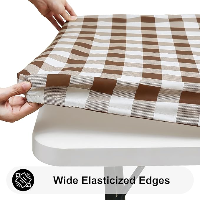 Smiry Rectangle Picnic Table Cloth, Elastic Waterproof Fitted Vinyl Tablecloths, Flannel Backed Buffalo Plaid Table Covers for Dining, Camping, Outdoor (White and Brown, 24" x 48")