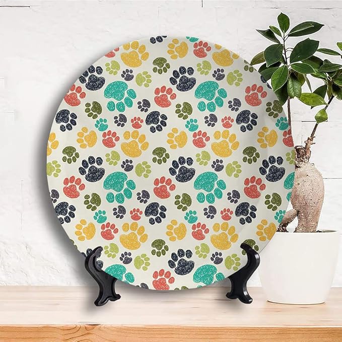 Ceramic Plates, Dog Lover Decorative Ceramic Plates, Cute Hand Drawn Paw Print Doodles, 6 Inch, for Dining, Parties, Wedding, Multicolor