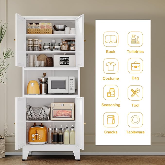Metal Pantry Storage Cabinet, 69" Tall Storoge Cabinet with 4 Doors & 3 Adjustable Shelves, Microwave Stand with Storage for Kitchen, Dining Room, Living Room (1PC,White)