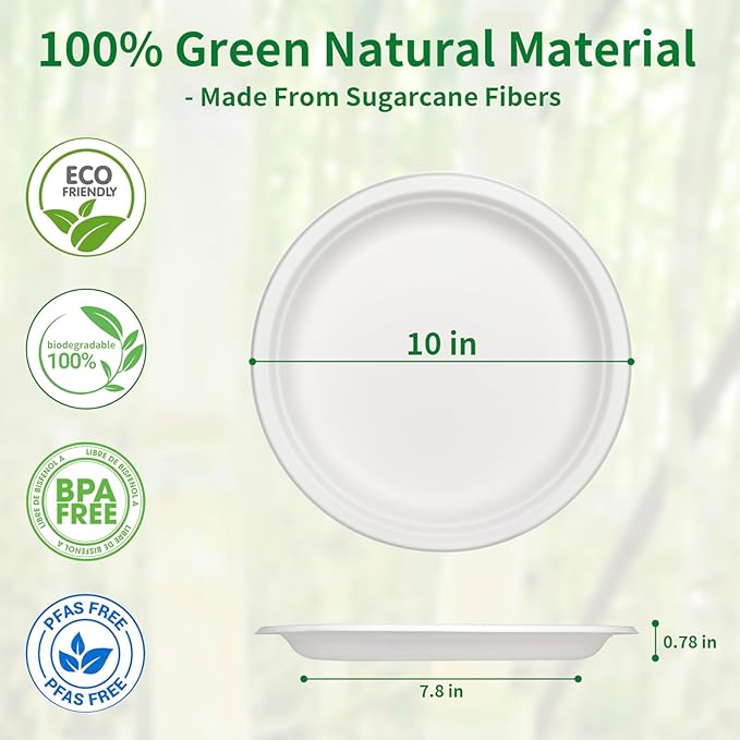 Aricsen 50 Pack 10 Inch Compostable Disposable Round Paper Plates, Natural White Biodegradable Sugarcane Bagasse PFAS-Free Eco-Friendly Dinner Plates for Party Wedding Picnic BBQ (50, 10 INCH)