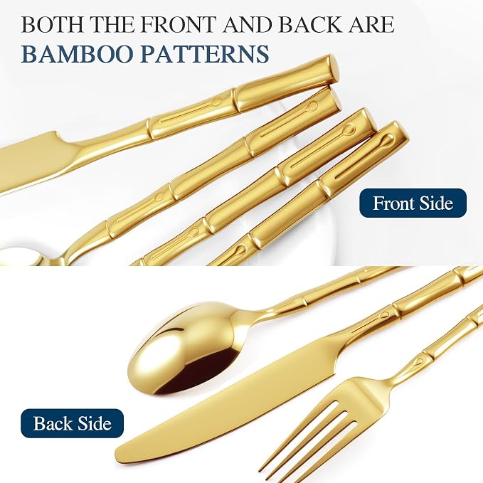 Gold Silverware Set 40-Piece Bamboo Pattern Service - Image 3