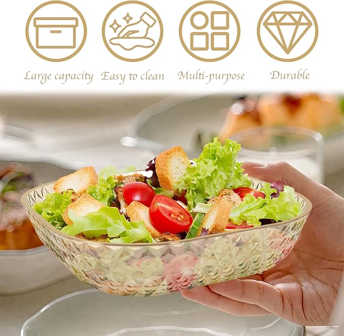 Clear Plastic Bowls, 24 Pack 22 Oz Plastic Serving Bowl Salad Serving Bowl Fruit Salad Bowl For Party Wedding Birthday Snack Fruit (Gold)