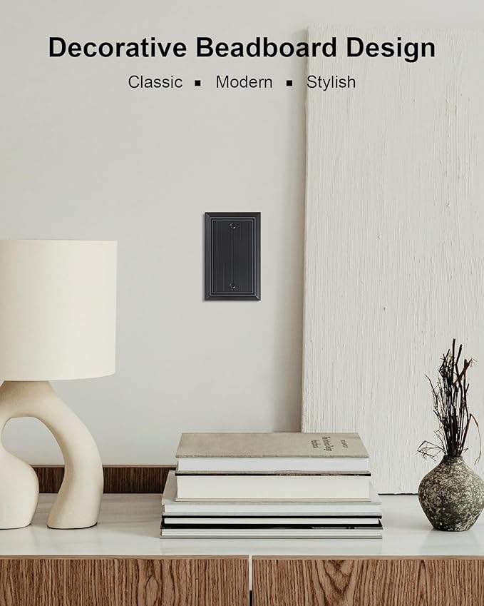 2-Pack Classic Beadboard Single Blank Wall Plate, Durable Natural Bamboo Fiber Wall Plate Cover,Matte Black 1 Gang Wall Plate for Unused Outlets/Switches