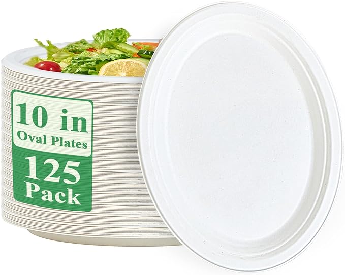 Vplus 100% Compostable Oval Paper Plates 10 inch 125 Pack Super Strong Disposable Paper Plates Bagasse Natural Biodegradable Eco-Friendly Sugarcane for BBQ, Party, Gathering, and Picnic
