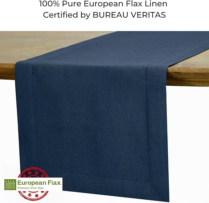 D'Moksha Homes Linen Navy Blue Table Runner 72 Inches Long - 100% Pure Linen Hemstitch Table Runner 14 x 72 Inch for Dresser, Dining, Easter - Classic Hemstitch