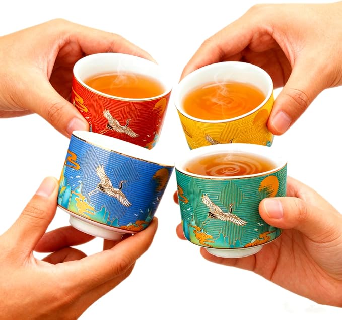 Chinese Tea Cups Set of 4, Crane Pattern Enamel Ceramic Cup, 4.3 oz | Handleless - Image 3