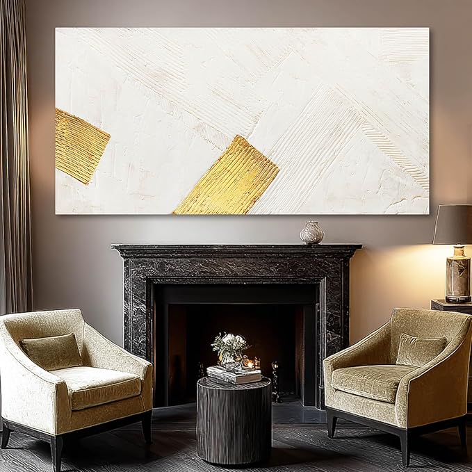YJYart Large Canvas Wall Art Abstract Wall Decor White Modern Pictures Gold Hand Hand-Drawn Paintings For Home Office Hotel 29"x58"