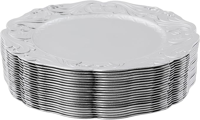 Charger Plates, 100pcs Silver 13inch Plastic Dinner Plate, Round Plastic Dinner Plate with Delicate Texture for Parties Wedding (Silver)