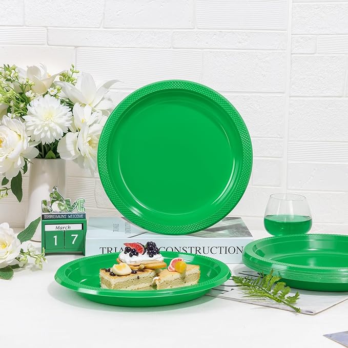 WELLIFE Green Party Plates 10 Inch -150 Count, Disposable Plastic Dinner Plates for Party St. Patrick's Day Easter