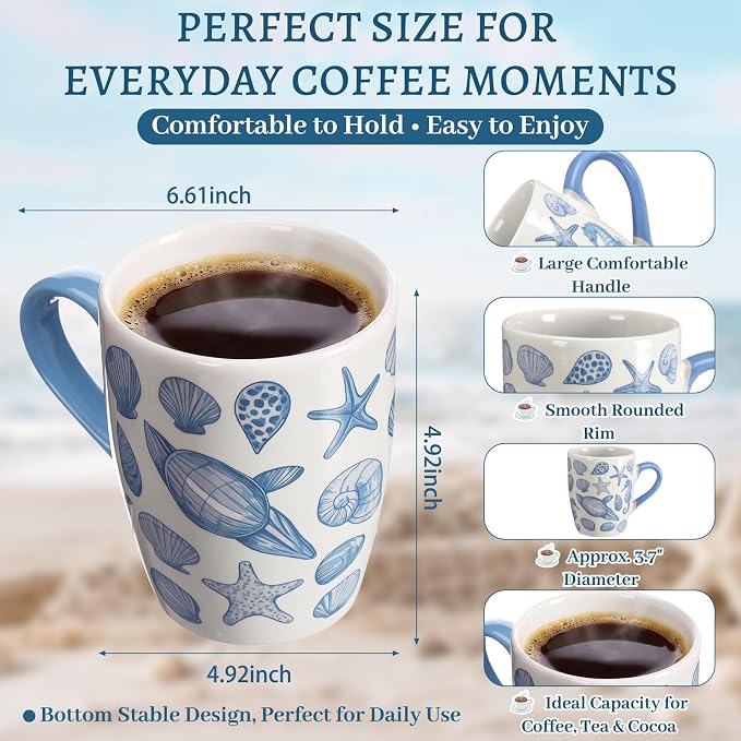 Qinyoung 6 Pcs Coastal Coffee Mugs Set 12oz Beach Ceramic Cups - Image 2
