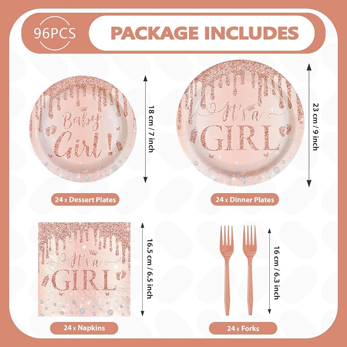 96 Pcs It's a Girl Baby Shower Party Decorations, Serves 24 | Diamond Rose Gold - Image 5
