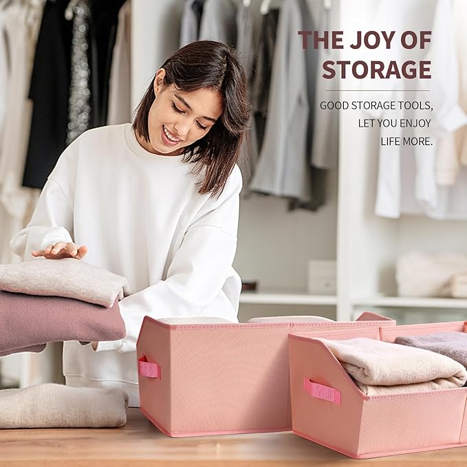 Closet Baskets for Shelves Trapezoid - Decorative Storage Baskets with Handle, Closet Bins for Organization, Shelf Storage Bins for Clothes, Books, Home, Office, 3 Pack, Pink