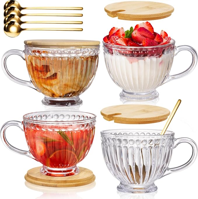 Cididu Large Glass Vintage Latte Mugs Set of 4, 12 Oz Ribbed Cups by Cididu