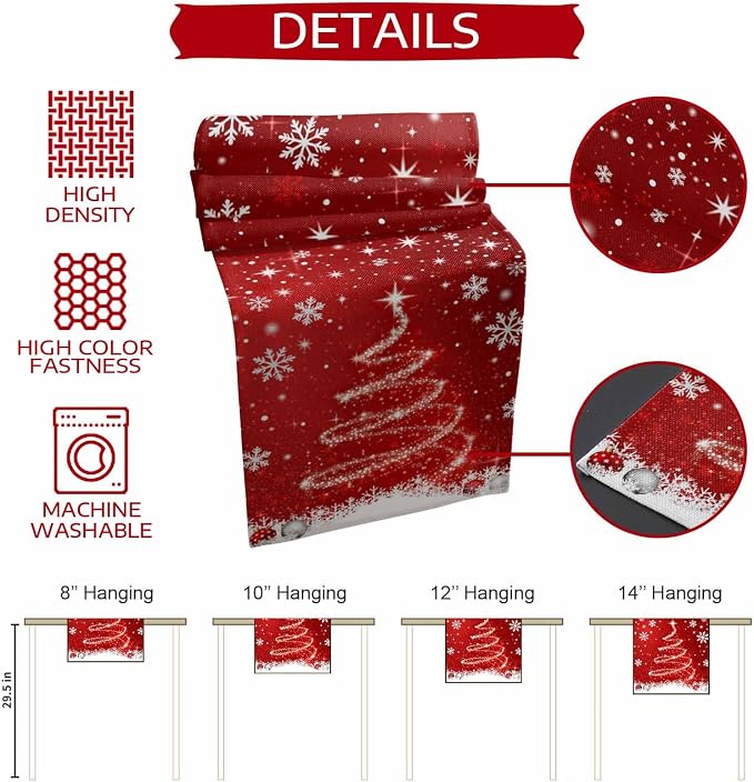 Red Christmas Table Runner 70 Inches Long, Xmas Tree Balls Snowflake Table - Image 7