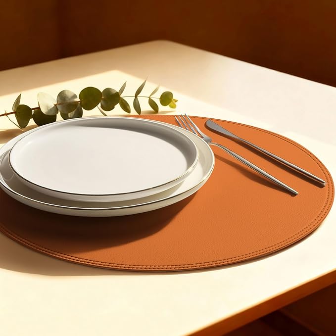 Round Vinyl Orange Placemats Set of 6, Faux Leather Waterproof Wipeable Heat Resistant Place Mats, Washable Table Mats for Halloween, Thanksgiving & Christmas Dinner(Orange)