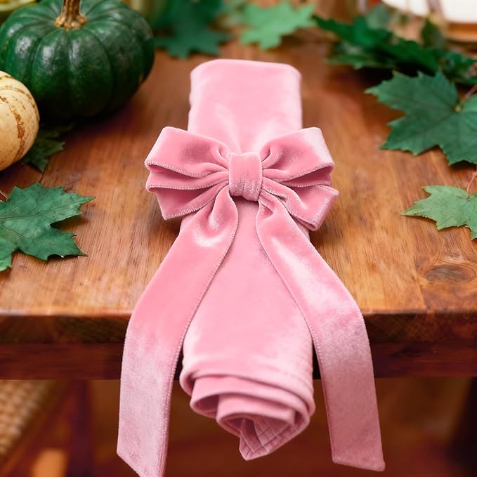 Bow Napkin Rings Set of 6 Luxury Soft Pink Velvet Napkin Holders, Elegant Bow Design for Christmas Holiday Dinner Wedding Party Table Decor