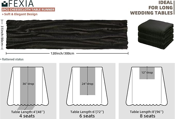 3Pcs Black Cheesecloth Table Runner Rust Boho Fall Party Decoration | 35x120 - Image 2