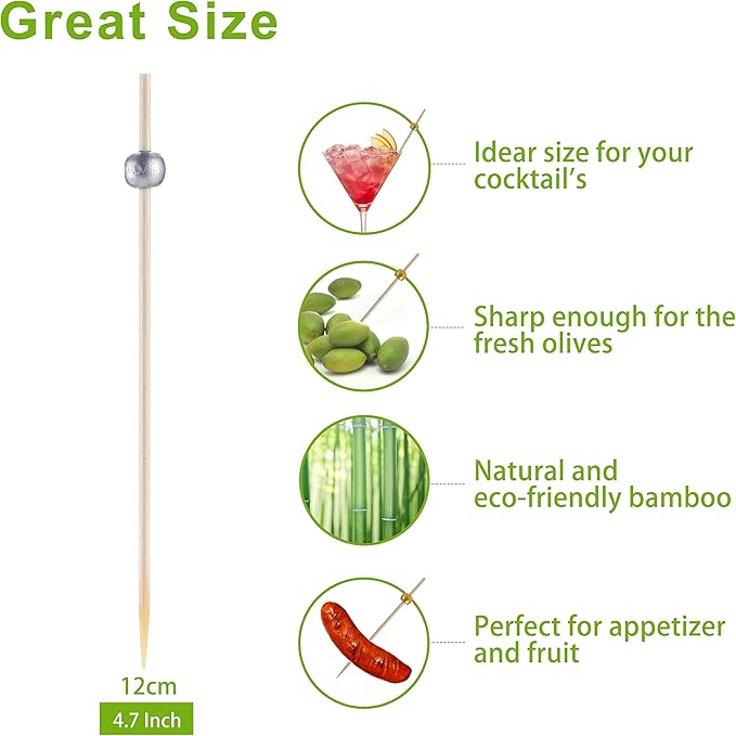 200 Pcs Cocktail Picks, 4.7 Inch Toothpicks for Appetizers, Bamboo Cocktail Sticks Skewers for Drinks, Desserts, Charcuterie, Wedding Party Fancy Toothpicks, Silver Pearl Mini Food Picks Decorative