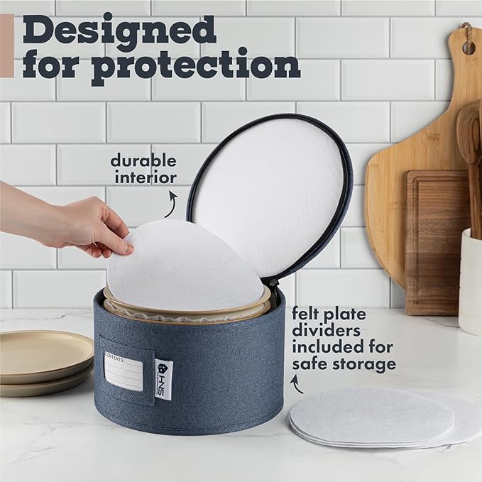 Salad Plates Storage Container - Hard Shell China Organizer with Dividers - Holds 12 Plates of 9" - Durable & Stackable Storage Box for Seasonal Dishware Protection - Denim Blue