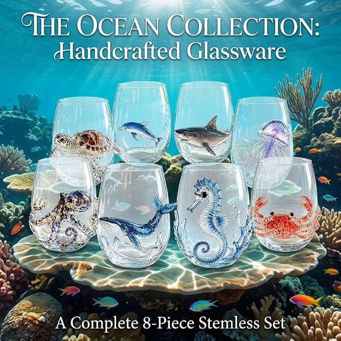 Artisanal Blue Ringed Octopus Glassware, 3D Ocean Glass Wine Glass，Shark | - Image 4