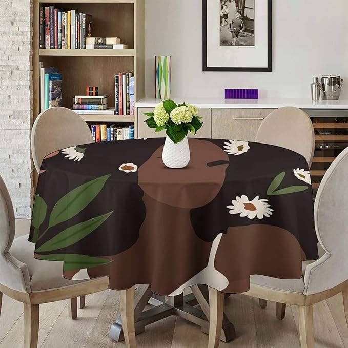 Bohemian Retro Mid Century Round Tablecloth, African Woman Girl Leaves Flower Tablecloth for Home Party Dining Room Kitchen Decor 70Inch(178cm)