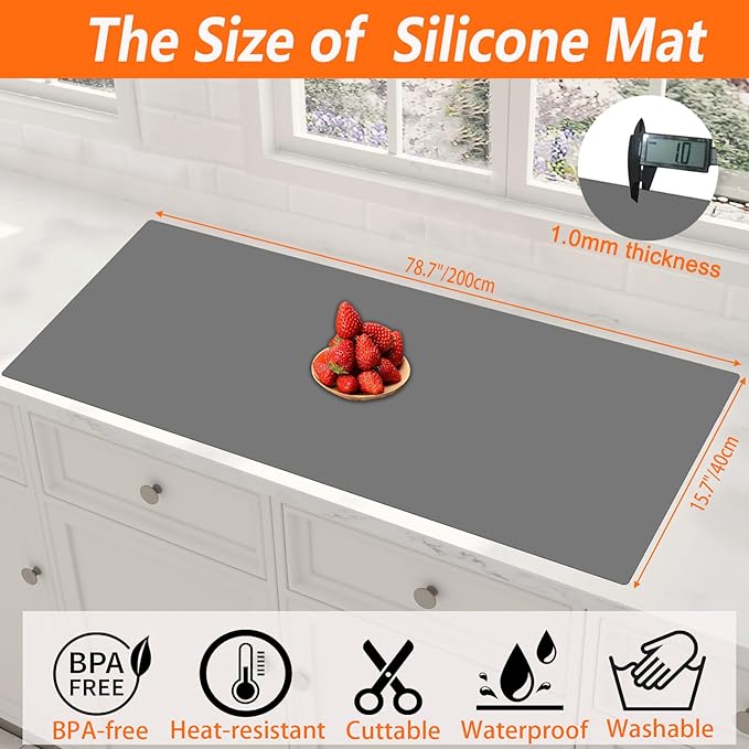Large Silicone Placemat, 78.7''x15.7''(200cmx40cm) Extra Large Countertop Protector Mat, Heat Resistant Mat for Countertop with Non-Slip, Silicone Mats for Kitchen Counter/Crafts, Black