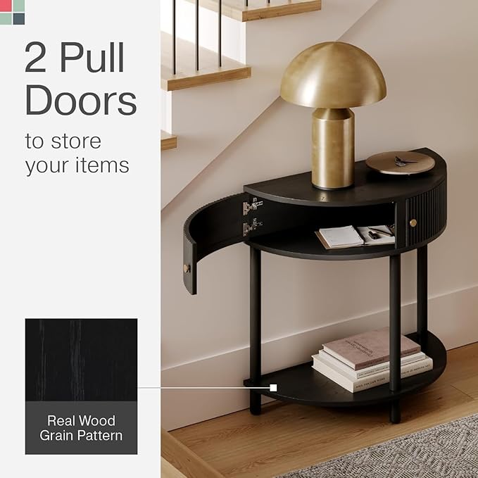 Entryway Table Fluted Half Moon Console - Semicircular, Black Oak Veneer - Hidden Storage with Two Fluted Doors & Brass Knobs - Modern Narrow Console Table for Living Room & Hallway
