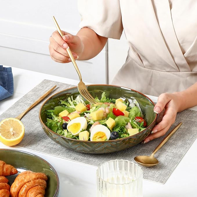 Sureasy Pasta Bowls Set of 4-30oz Large Ceramic Embossed Bowl Plates, 8.5 Inch Wide and Shallow Plate Bowls, Salad Bowl, Microwave, Oven & Dishwasher Safe, Green