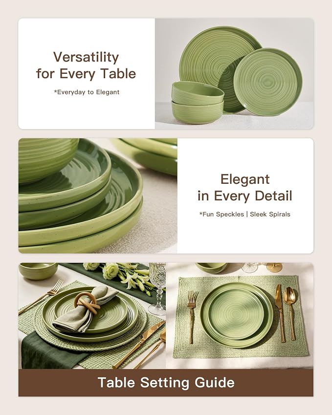 Dinnerware Sets for 4, Ceramic Plates & Bowls, Olive Green | 12-Piece Ceramic - Image 3