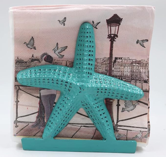 Nautical Starfish Lunch Dinner Metal Napkin Holder Kitchen Beverage Cocktail Ocean Coastal Napkin Holder By The Metal Magician (Distressed Green)