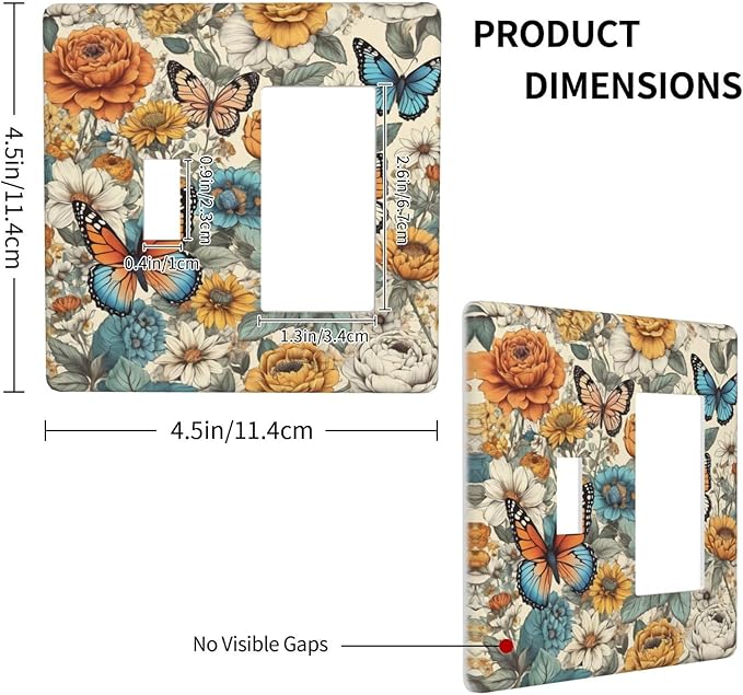Light Switch Cover Vintage Colorful Floral Butterfly Flowers 2 Gang Toggle Rocker Combo Socket Cover Wall Plates Decorative Switch Plates and Outlet Covers for Bathroom Bedroom Decor