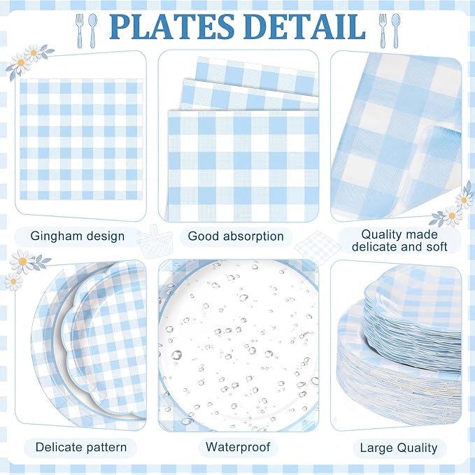 Funnymoom 250 Pcs Blue Gingham Paper Plates and Napkins Party Supplies Blue - Image 2