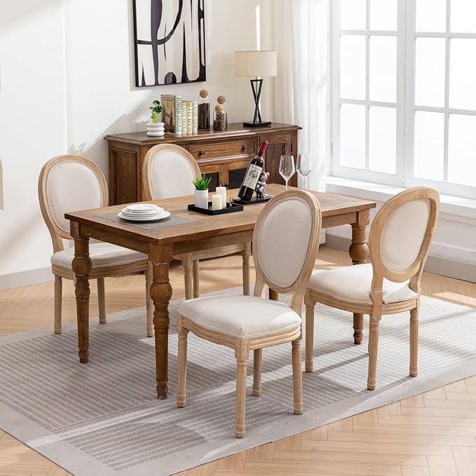 Vintage French Dining Chairs Set of 4, Round Back Accent Chairs with Linen Seat and Solid Wood Frame, Farmhouse Sillas de Comedor Upholstered for Dining Room & Kitchen, Beige