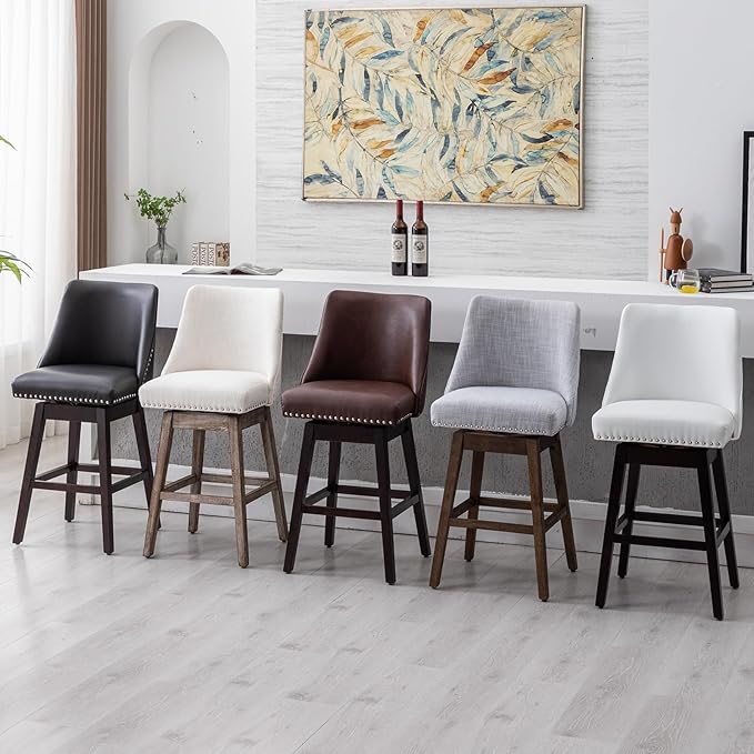 27.5" Counter Height Bar Stools Set of 2, Linen Fabric Mid Century Modern Swivel Barstool with Back & Wood Legs Comfy Upholstered Counter Chairs for Home Bar/Dining Room/Restaurant, Grey