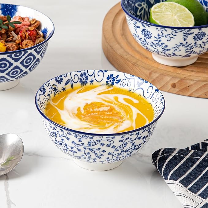 Ceramic Dessert Bowls Set - Small 12 Oz Cereal Bowls - 4.75 Inch Ice Cream Bowls for Fruit, Snack, Side Dishes, Dipping Sauce - Microwave Dishwasher Safe - Set of 6 - Vintage Blue
