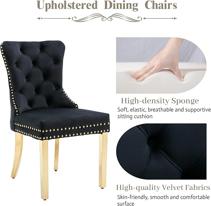 KCC Velvet Dining Chairs Set of 2, Upholstered High-end Tufted Dining Chair with Nailhead Back Ring Pull Trim Stainless Steel Legs, Contemporary Nikki Collection Modern Style for Kitchen, Black