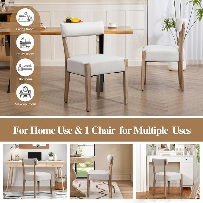 Dining Chairs,8 Pack Mid-Century Modern Wooden Kitchen Chairs with Linen Upholstery - Low-Back Woven Design for Kitchen & Dining Room,Beige Fabric