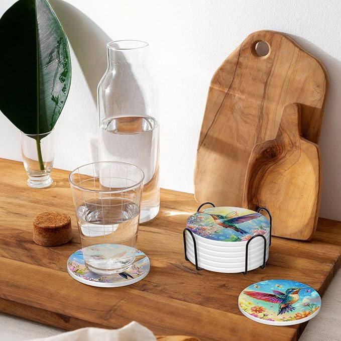 Drink Coasters for Drinks Set of 6, Spring Hummingbird and Floral Blossom Absorbent Round Ceramic Stone Mat Coaster, with Cork Base and Metal Holder, Home Bar Decor House Warming Gift