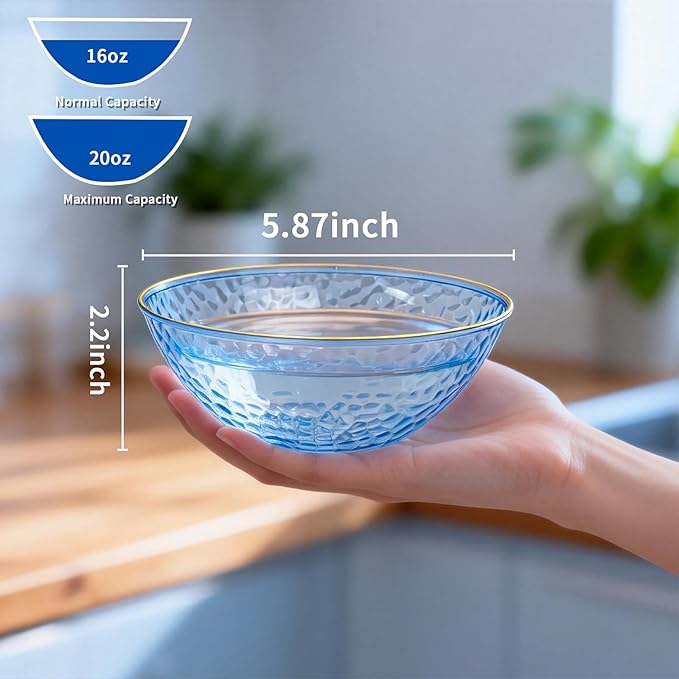 Tinybee 30 Pack Blue Plastic Bowls - Blue Disposable Bowls for Party with Gold Rim, 16-20oz Premium Hammered Bowls Disposable Heavy Duty, Plastic Salad Bowls for Milk Cereals, Snacks, Salads