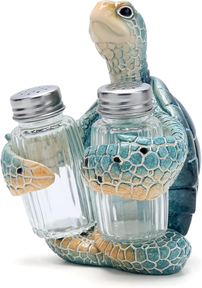 Hodao Sea Turtle With Salt and Pepper Shaker Figurines Decorations Turtle Set with Holder Figurine for Beach Bar or Tropical Kitchen Decor Turtle Table Decorations For Home Gifts (Turtle)