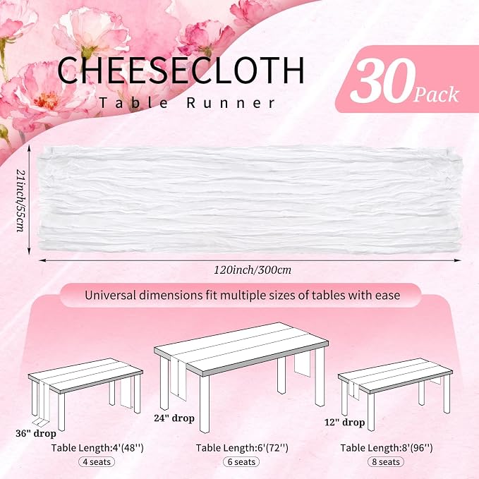 30 Pack Cheesecloth Table Runner 10FT White Table Runner Boho Gauze Cheese - Image 2