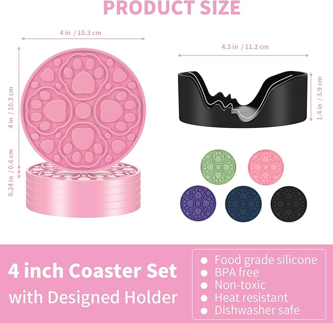 Pink Silicone Coasters Set of 6 with Holder, 4 Inches Coaster for Bar, Drinks, Beer, Coffee - Non Slip Decorative Cup Mat for Tabletop, Desk Decor - Dishwasher Safe